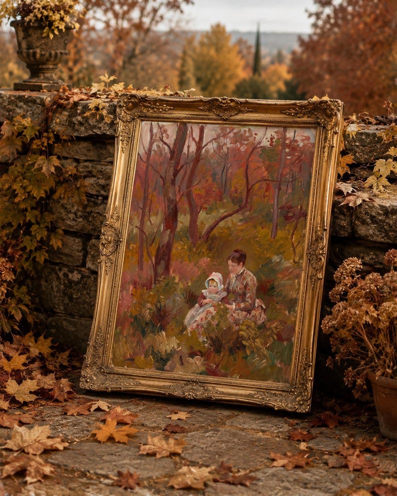 May include: An antique framed painting depicting a woman and child in a forest setting. The artwork features warm tones of red, brown, and green, with a gold ornate frame. The painting is leaning against a stone wall, surrounded by autumn leaves.