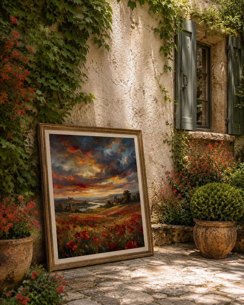 K&ouml;nnte beinhalten: Ein gerahmtes Landschaftsgem&auml;lde mit einem Sonnenuntergang &uuml;ber einem Feld roter Mohnblumen. Das Kunstwerk lehnt an einer Steinmauer mit gr&uuml;nen Fensterl&auml;den und Topfpflanzen, was eine rustikale Szene im Freien schafft.