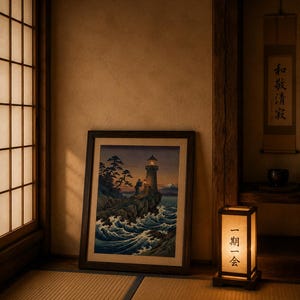 May include: A framed print of a lighthouse on a rocky coast with crashing waves. The artwork is in a traditional Japanese style, with a dark wooden frame. A lit paper lantern with Japanese characters sits nearby.