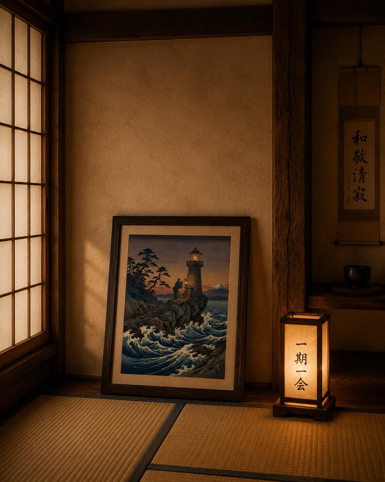 May include: A framed print of a lighthouse on a rocky coast with crashing waves. The artwork is in a traditional Japanese style, with a dark wooden frame. A lit paper lantern with Japanese characters sits nearby.