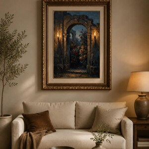 May include: A gold-framed painting shows an arched doorway leading to a flower garden, lit by torches. The painting hangs above a beige sofa with brown cushions and a wooden coffee table. A lamp and vase are also visible.