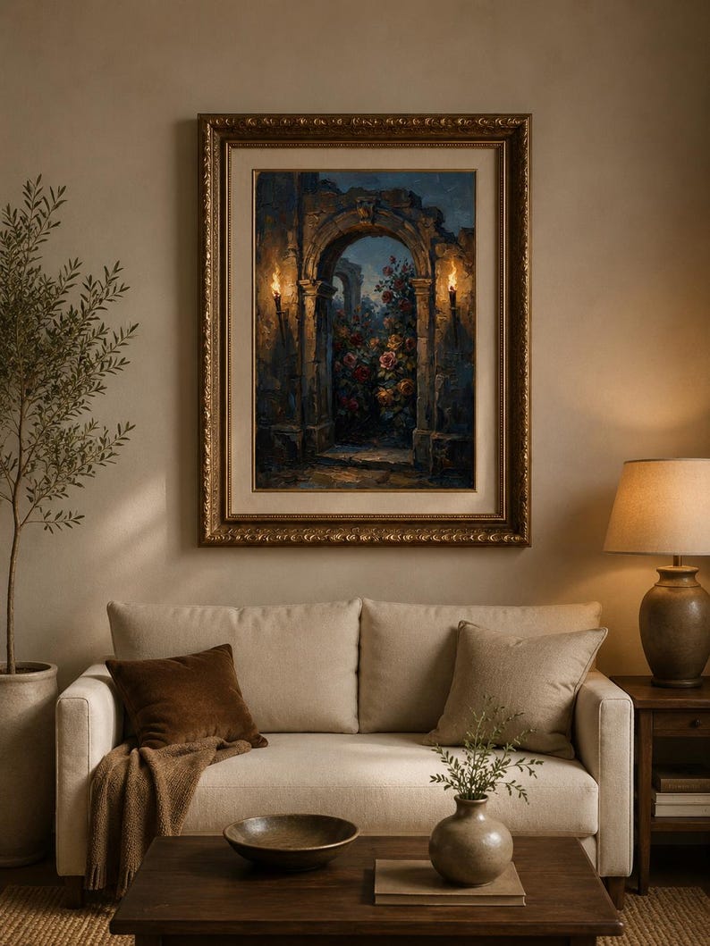 May include: A gold-framed painting shows an arched doorway leading to a flower garden, lit by torches. The painting hangs above a beige sofa with brown cushions and a wooden coffee table. A lamp and vase are also visible.