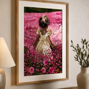 Little Girl Nursery Art | Pink Flower Field Print | Cottagecore Oil Painting image 2