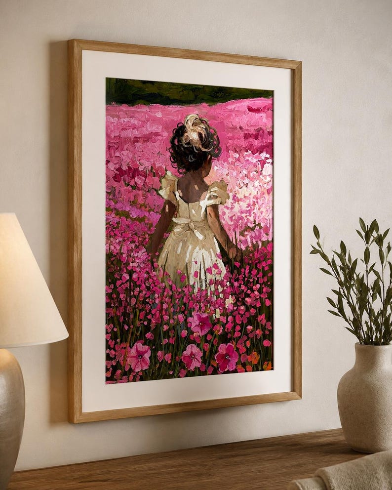 Little Girl Nursery Art | Pink Flower Field Print | Cottagecore Oil Painting image 2