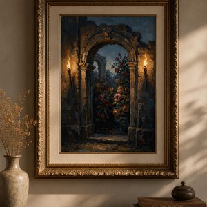May include: An oil painting in a gold ornate frame shows an archway leading to a rose garden. Two torches light the scene. A vase with dried flowers, a small bowl, and books are on a wooden surface.