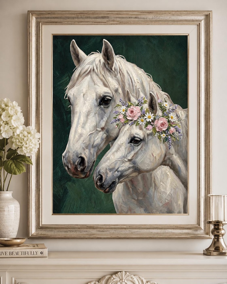 White horse mother and foal oil painting, floral crown horse art print, nursery equestrian decor, cottagecore horse poster, baby girl room wall art, botanical animal painting, dark green bedroom decor, impasto horse painting, romantic equestrian art, vintage farmhouse wall decor, mom and baby horse print, pony illustration wall art