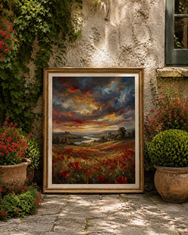 K&ouml;nnte beinhalten: Gerahmtes Landschaftsgem&auml;lde mit goldenem Rahmen. Das Kunstwerk zeigt ein Feld roter Mohnblumen unter einem dramatischen Himmel mit Orange-, Rot- und Blaut&ouml;nen. Das Gem&auml;lde lehnt an einer Steinmauer, umgeben von Gr&uuml;n und Topfpflanzen.