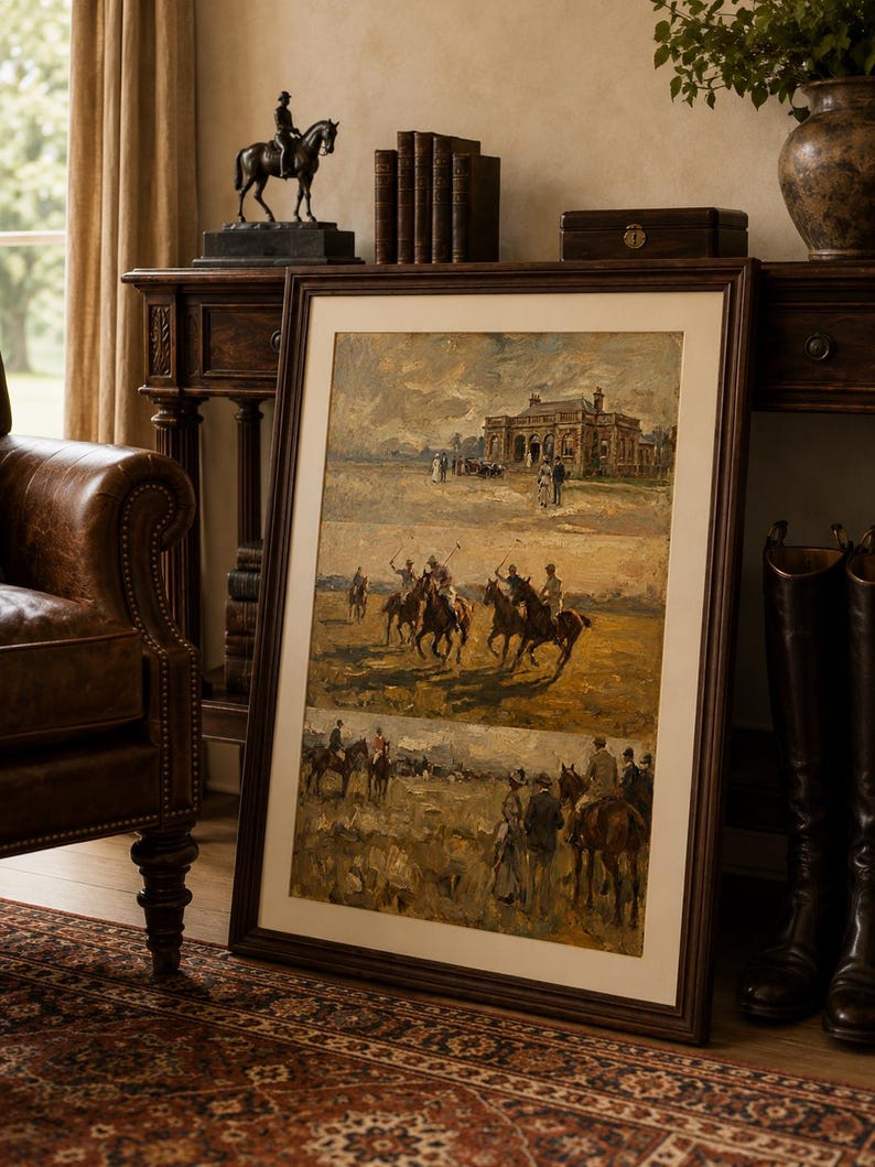 Sztuka meczu polo w stylu vintage | Stary wydruk jeździecki | Obraz olejny w stylu country club zdjęcie 2