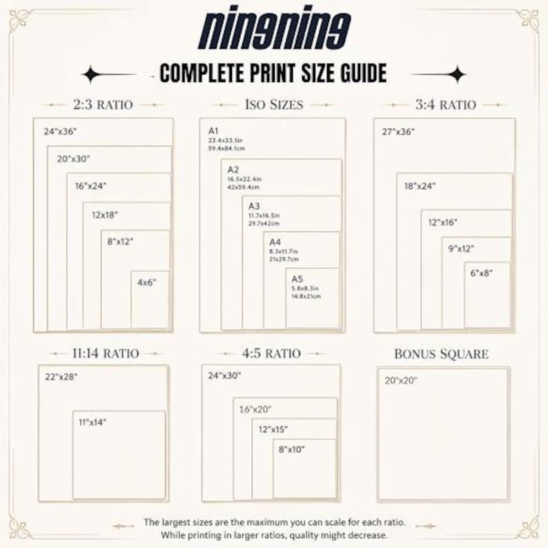 May include: A complete print size guide with various aspect ratios and ISO sizes. Includes dimensions in inches and centimeters for print sizes such as 24"x36", A1 (23.4x33.1in), and 20"x20". The text "ningning" is at the top.