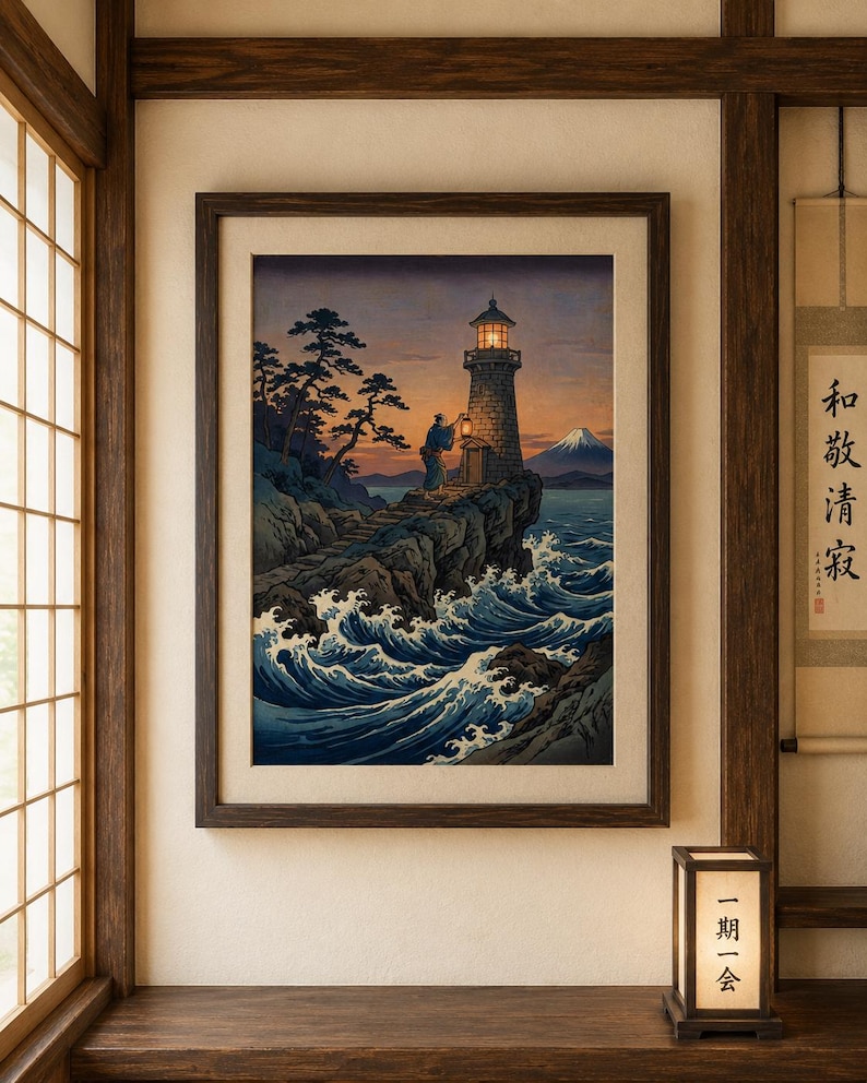 May include: Framed print of a lighthouse on a rocky coast, inspired by Japanese art. The artwork depicts a person with a lantern, the ocean waves, and a mountain in the background. The color palette includes blues, browns, and oranges.