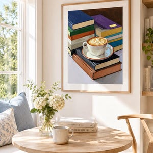 Coffee and Books Wall Art | Cozy Reading Nook Print | Book Lover Oil Painting image 5