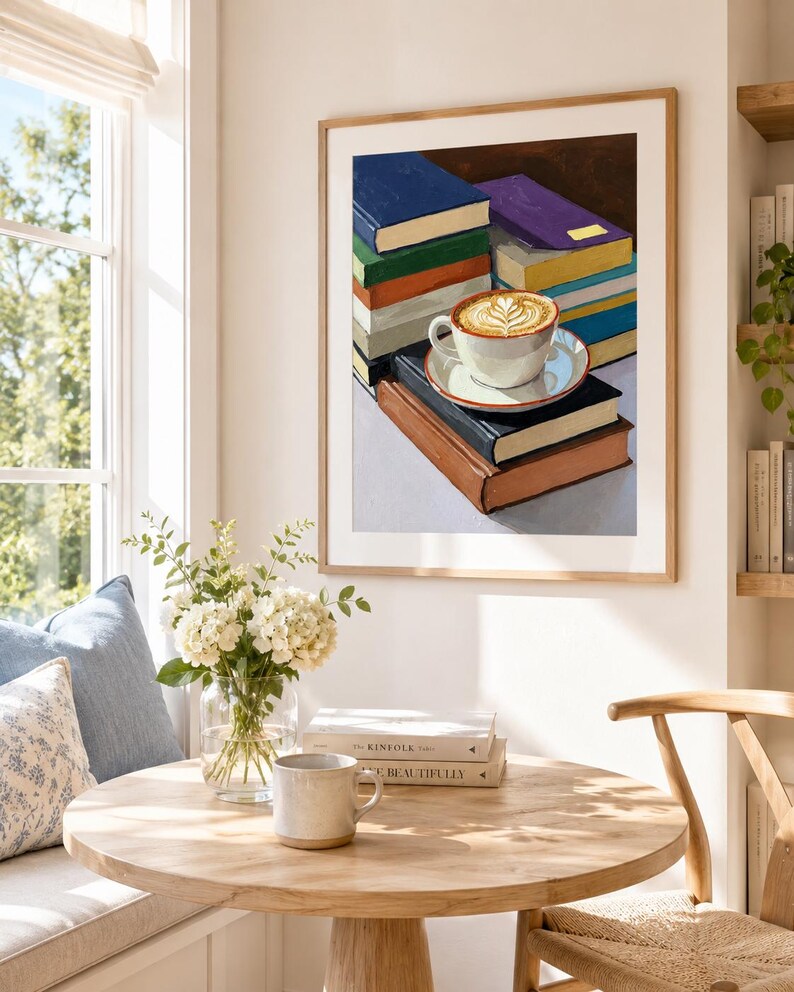 Coffee and Books Wall Art | Cozy Reading Nook Print | Book Lover Oil Painting image 5