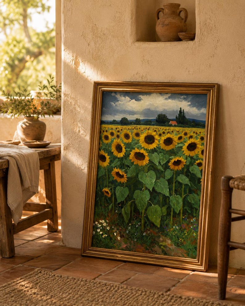 May include: A framed painting of a sunflower field with a gold-colored frame. The sunflowers are in full bloom with yellow petals and dark brown centers. The painting is leaning against a beige wall, with a glimpse of a rustic interior.