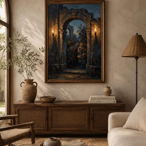 May include: An oil painting in a wooden frame shows an archway with flowers and torches. The painting hangs above a wooden cabinet with woven doors. A vase with greenery, a lamp, and a sofa are also visible.