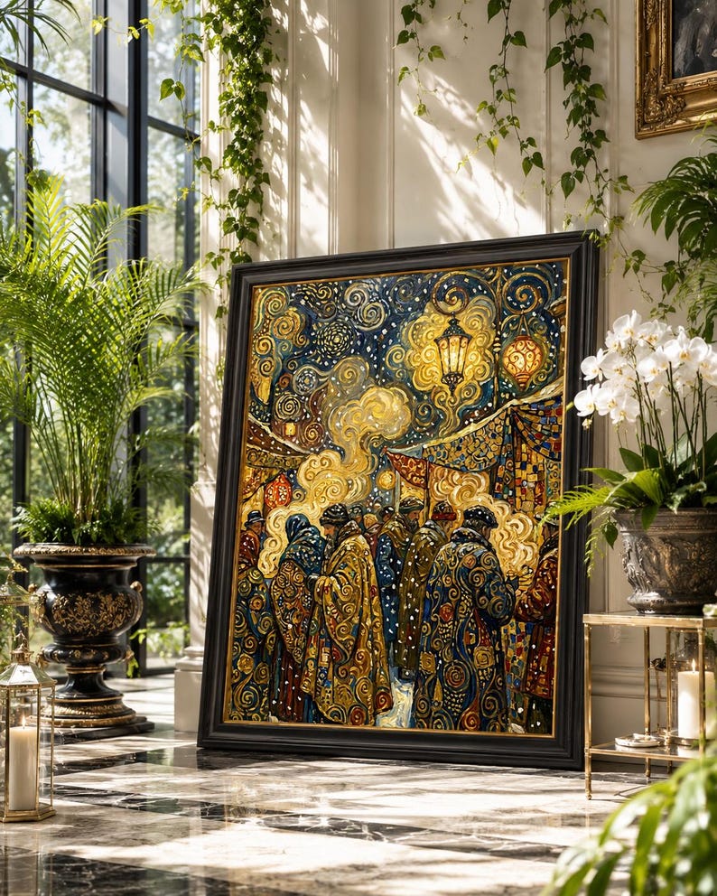 Op de afbeelding: Een ingelijst kunstwerk dat een nachtsc&egrave;ne weergeeft met figuren in sierlijke gewaden. Het schilderij toont een sterrenhemel, gloeiende lantaarns en een menigte mensen. De lijst is zwart en het kunstwerk wordt binnenshuis tentoongesteld.