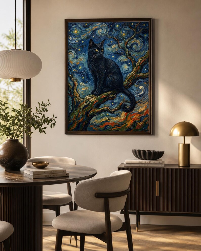 K&ouml;nnte beinhalten: Ein gerahmter Kunstdruck zeigt eine schwarze Katze auf einem Ast vor einem wirbelnden Nachthimmel. Das Kunstwerk erinnert an den Stil von Van Gogh, mit kr&auml;ftigen Pinselstrichen und leuchtenden Farben. Das Fell der Katze ist tiefschwarz und kontrastiert mit dem blauen und gelben Hintergrund.