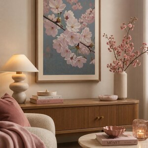 以下が含まれることがあります： 額装されたアートワークは、青灰色の背景に繊細なピンクの花を咲かせた桜の枝のクローズアップを描いています。部屋には木製のキャビネット、ランプ、ピンクの花が入った花瓶があり、穏やかな雰囲気を作り出しています。