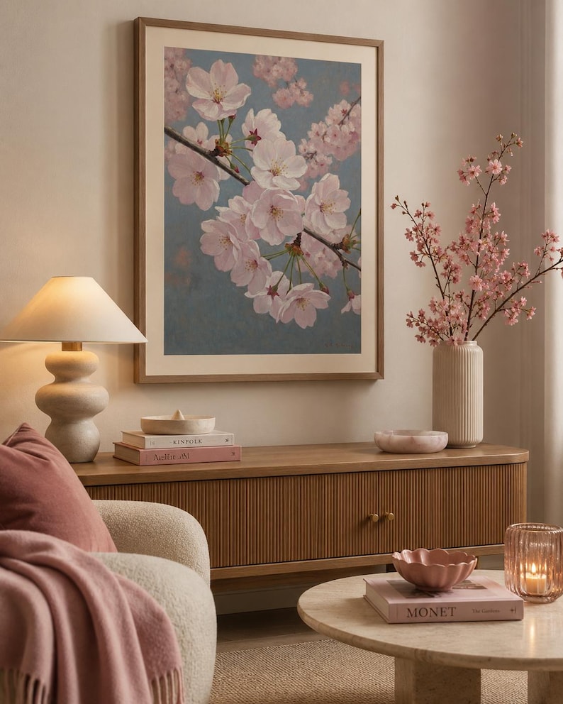 以下が含まれることがあります： 額装されたアートワークは、青灰色の背景に繊細なピンクの花を咲かせた桜の枝のクローズアップを描いています。部屋には木製のキャビネット、ランプ、ピンクの花が入った花瓶があり、穏やかな雰囲気を作り出しています。