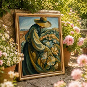 May include: A framed painting depicts a figure in a hat and long coat amidst a field of flowers. The artwork features a color palette of greens, blues, and yellows, with a gold-colored frame. The painting is leaning against a stone wall, surrounded by flowers.