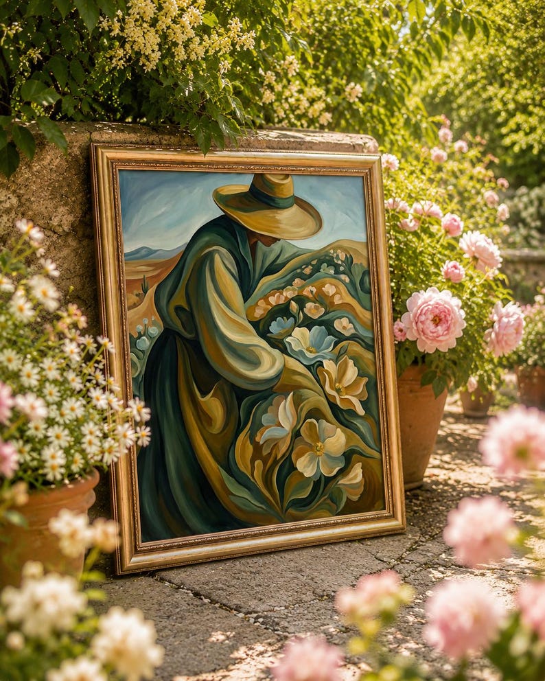 May include: A framed painting depicts a figure in a hat and long coat amidst a field of flowers. The artwork features a color palette of greens, blues, and yellows, with a gold-colored frame. The painting is leaning against a stone wall, surrounded by flowers.
