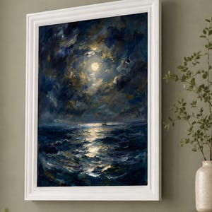 May include: Oil painting of a moonlit seascape in a white frame. The artwork depicts a dark blue ocean under a cloudy sky, with a bright full moon and a small sailboat. The brushstrokes create a textured, dynamic feel.