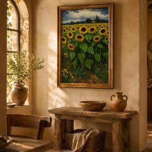 May include: A framed painting of a sunflower field hangs on a beige wall. A rustic wooden bench with a basket and bowl sits below the painting. A vase with greenery is in a window. The room has a warm, inviting atmosphere.