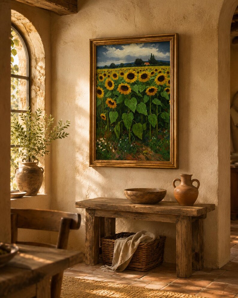 May include: A framed painting of a sunflower field hangs on a beige wall. A rustic wooden bench with a basket and bowl sits below the painting. A vase with greenery is in a window. The room has a warm, inviting atmosphere.