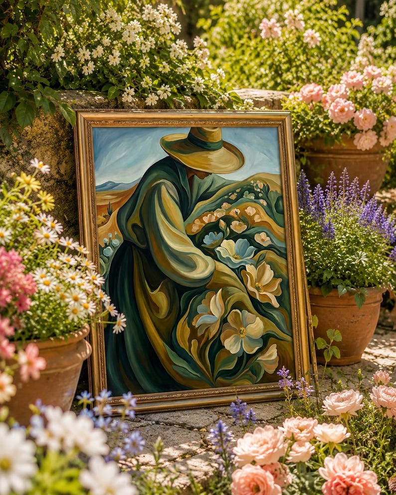 May include: A framed painting with a gold ornate frame depicts a person in a hat and long coat tending to flowers in a field. The artwork features a palette of greens, blues, and yellows. The painting is set outdoors, surrounded by potted flowers.