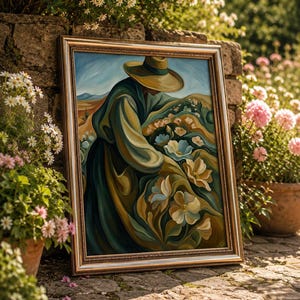 May include: A framed painting depicting a figure in a hat tending to flowers in a field. The artwork features a color palette of greens, blues, and yellows, with a gold-colored frame. The painting is leaning against a stone wall, surrounded by flowers.