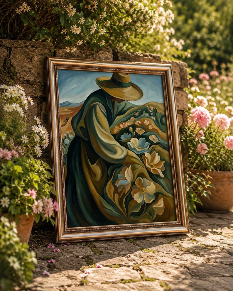 May include: A framed painting depicting a figure in a hat tending to flowers in a field. The artwork features a color palette of greens, blues, and yellows, with a gold-colored frame. The painting is leaning against a stone wall, surrounded by flowers.