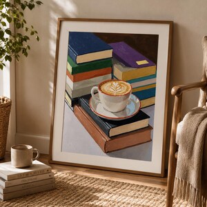 Coffee and Books Wall Art | Cozy Reading Nook Print | Book Lover Oil Painting image 3