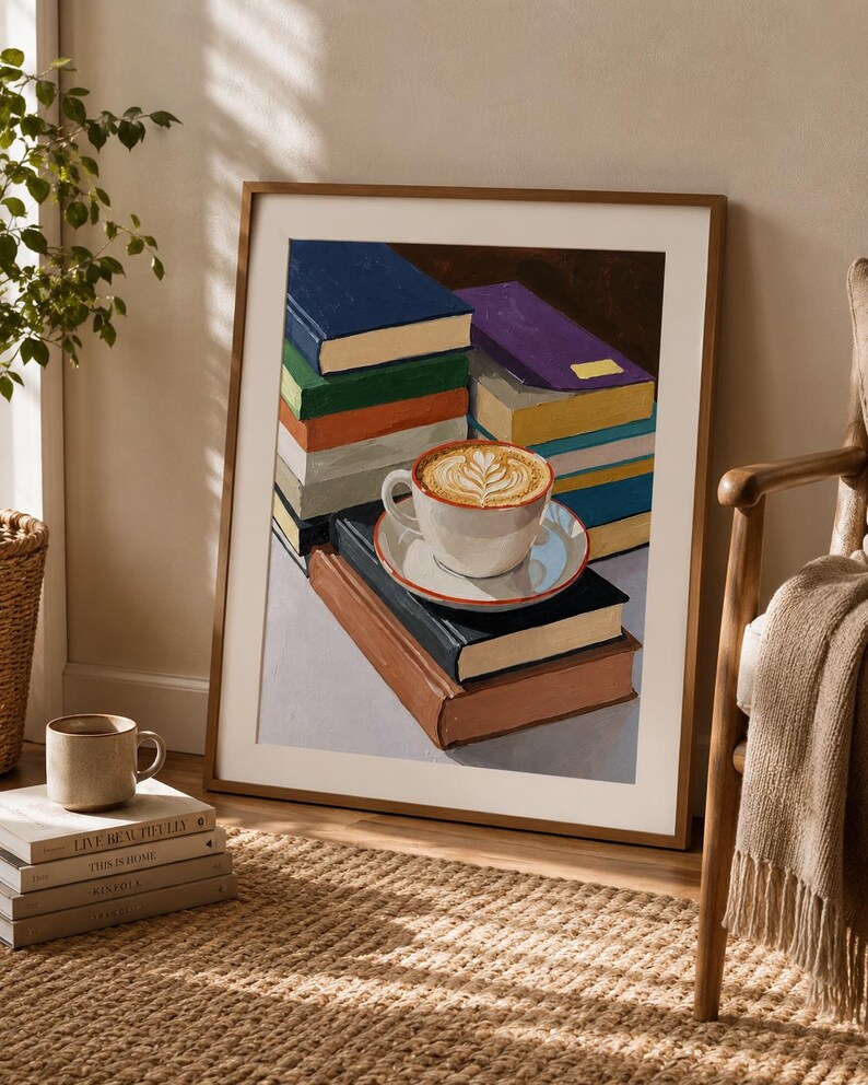 Coffee and Books Wall Art | Cozy Reading Nook Print | Book Lover Oil Painting image 3