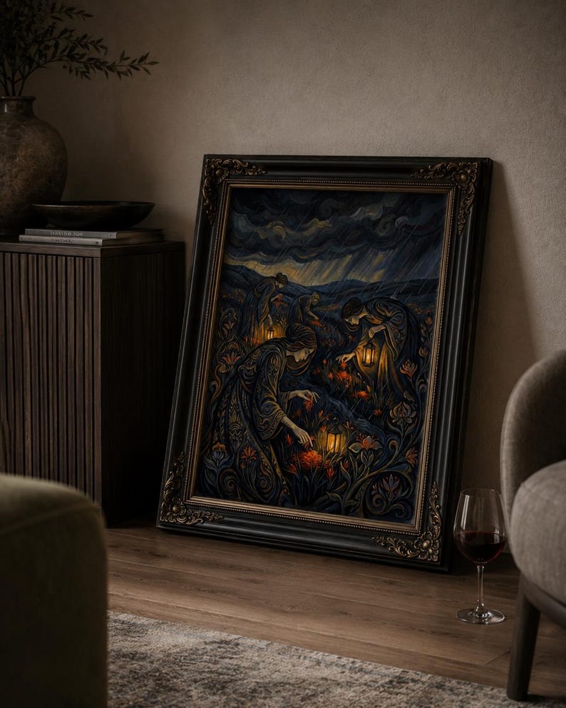 May include: A framed artwork depicting figures in ornate gowns tending to glowing flowers under a stormy sky. The dark, detailed painting is set in a black ornate frame, resting on a wooden floor. A glass of red wine sits nearby, adding a touch of elegance.