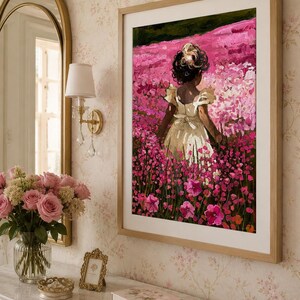 Little Girl Nursery Art | Pink Flower Field Print | Cottagecore Oil Painting image 5