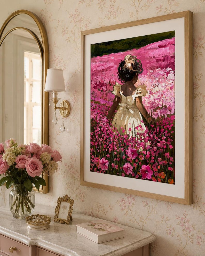 Little Girl Nursery Art | Pink Flower Field Print | Cottagecore Oil Painting image 5