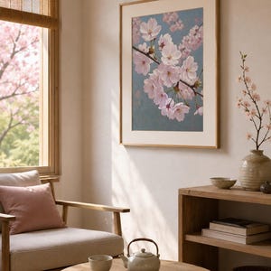 以下が含まれることがあります： 桜の花の枝と繊細なピンクの花が青緑色の背景に描かれた、額入りのアートプリント。 アートワークは明るい木製のフレームに収められており、居心地の良いリビングスペースに自然をテーマにした装飾を加えています。
