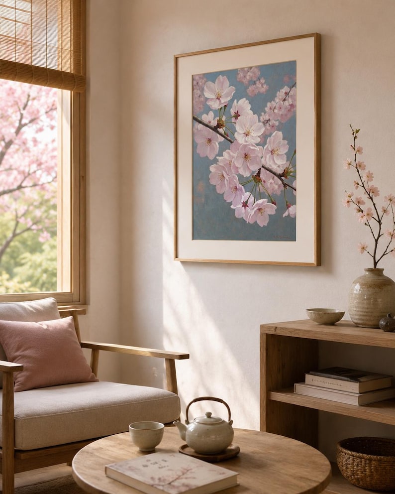 以下が含まれることがあります： 桜の花の枝と繊細なピンクの花が青緑色の背景に描かれた、額入りのアートプリント。 アートワークは明るい木製のフレームに収められており、居心地の良いリビングスペースに自然をテーマにした装飾を加えています。