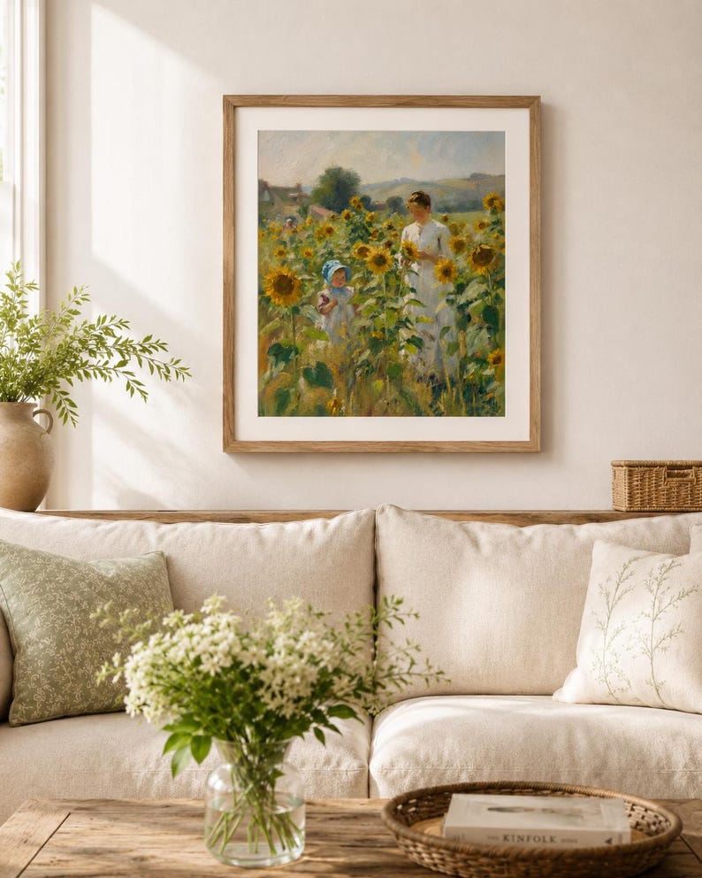 Puede incluir: Una obra de arte enmarcada representa a una mujer y un ni&ntilde;o en un campo de girasoles. La pintura presenta una paleta de colores c&aacute;lidos con girasoles amarillos y figuras con vestidos blancos. La obra se exhibe sobre un sof&aacute; beige.