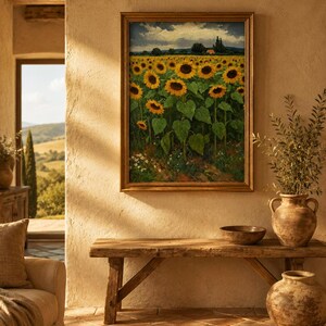 May include: A framed painting depicts a field of sunflowers under a cloudy sky. The artwork, with a gold-colored frame, hangs above a rustic wooden bench. The room features terracotta tile flooring and decorative pottery.