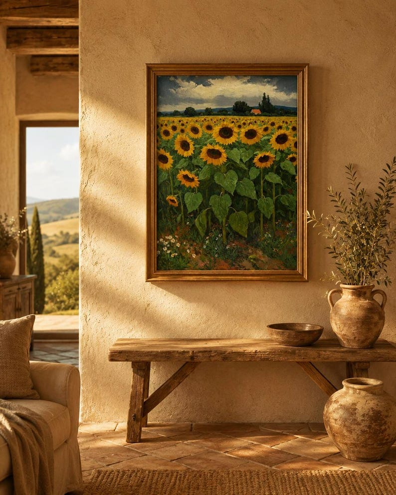 May include: A framed painting depicts a field of sunflowers under a cloudy sky. The artwork, with a gold-colored frame, hangs above a rustic wooden bench. The room features terracotta tile flooring and decorative pottery.