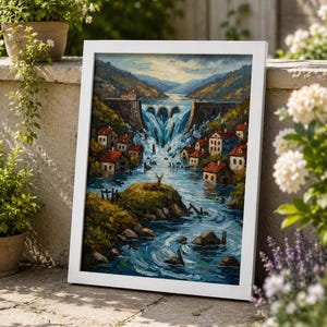 May include: A framed landscape painting depicts a village nestled along a river with a waterfall. The artwork features a bridge, houses with red roofs, and a deer on a small island. The painting is in a white frame.