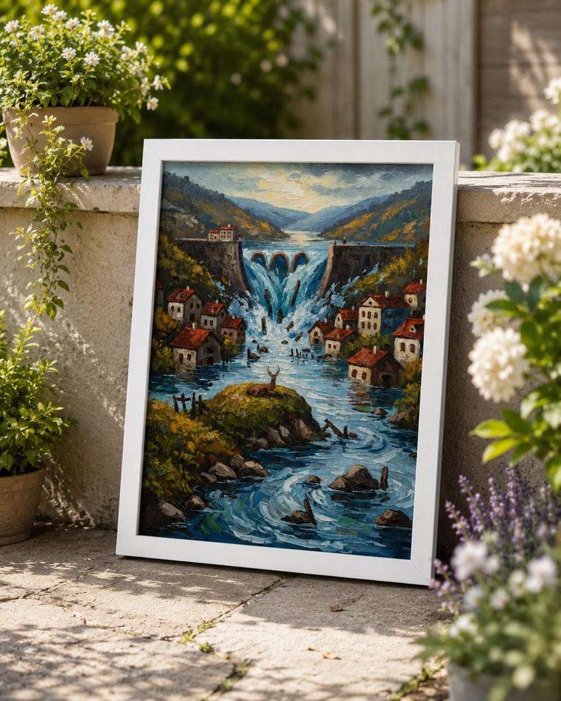 May include: A framed landscape painting depicts a village nestled along a river with a waterfall. The artwork features a bridge, houses with red roofs, and a deer on a small island. The painting is in a white frame.