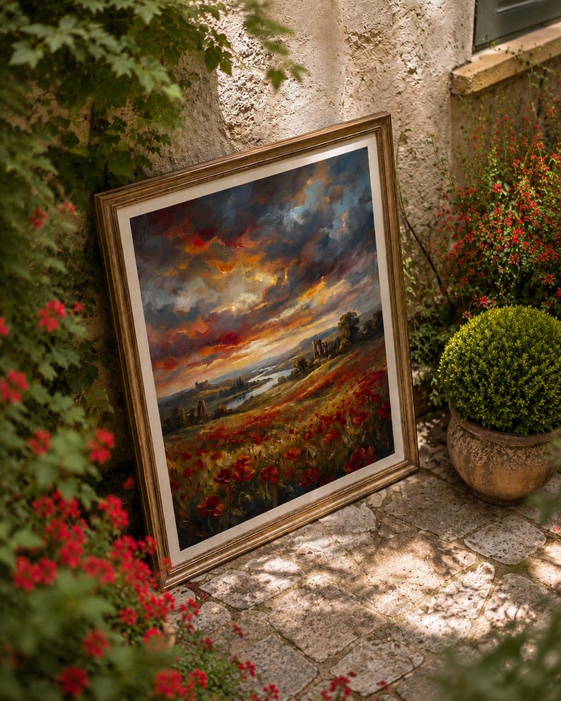 K&ouml;nnte beinhalten: Gerahmtes Landschaftsgem&auml;lde mit goldfarbenem Rahmen. Das Kunstwerk zeigt einen lebendigen Sonnenuntergang &uuml;ber einem Feld roter Blumen, einem Fluss und fernen H&uuml;geln. Der Himmel ist mit dramatischen Wolken in Orange-, Rot- und Blaut&ouml;nen gef&uuml;llt.