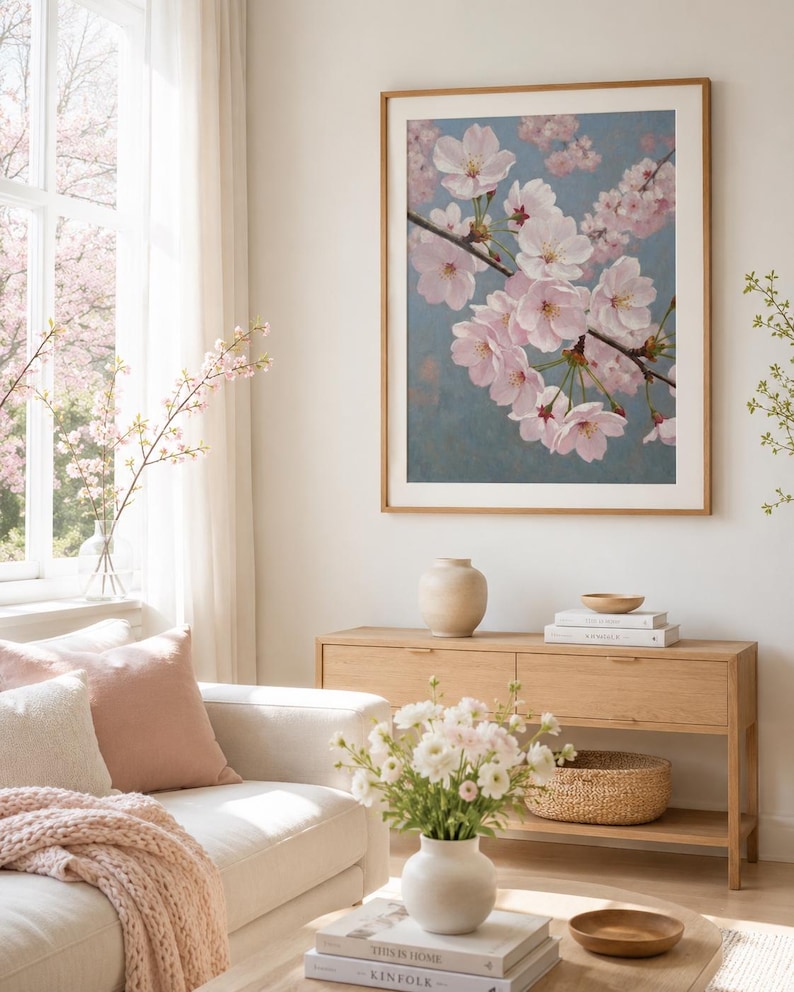 以下が含まれることがあります： 淡い青色の背景に、枝に咲くピンク色の桜の花が描かれた額入りのアートプリント。プリントは薄茶色の木製フレームに入っています。この画像は、白いソファと木製家具のある明るいリビングルームに飾られています。