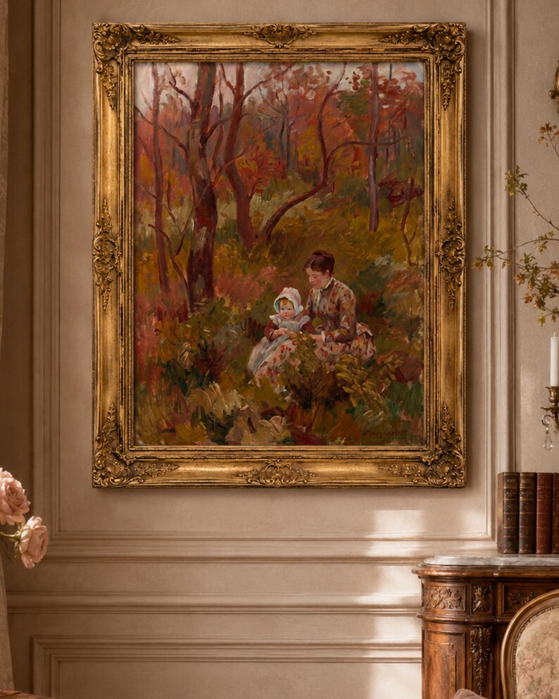 May include: A framed oil painting depicting a woman and child in a forest setting. The artwork features a gold ornate frame and a color palette of reds, greens, and browns. The painting captures a serene moment in nature.