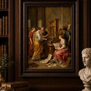 Puede incluir: Una pintura al &oacute;leo enmarcada que representa una escena cl&aacute;sica con figuras alrededor de una imprenta. La obra presenta individuos con vestiduras drapeadas, con libros e instrumentos esparcidos. El marco es de madera oscura, sobre un fondo de estanter&iacute;a de madera.