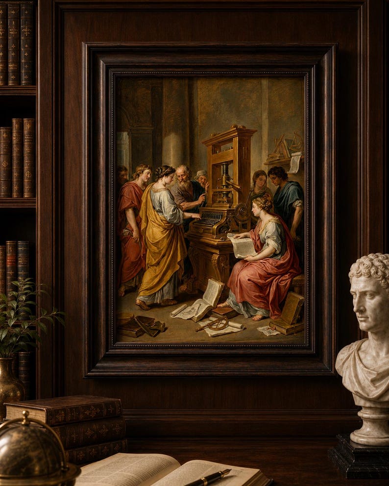 Puede incluir: Una pintura al &oacute;leo enmarcada que representa una escena cl&aacute;sica con figuras alrededor de una imprenta. La obra presenta individuos con vestiduras drapeadas, con libros e instrumentos esparcidos. El marco es de madera oscura, sobre un fondo de estanter&iacute;a de madera.