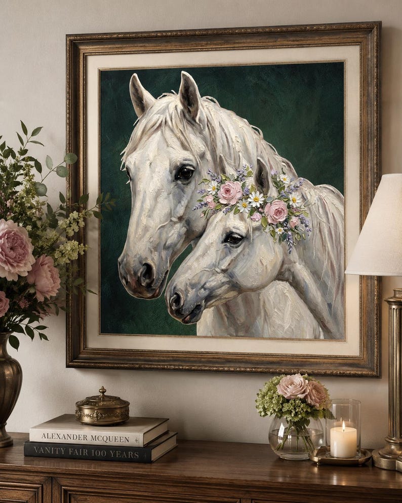 Op de afbeelding: Een ingelijst schilderij van twee witte paarden, waarvan &eacute;&eacute;n versierd met een bloemenkrans. Het kunstwerk heeft een donkergroene achtergrond en wordt gepresenteerd in een goudkleurige lijst. Het schilderij is een portret van de paarden, met de nadruk op hun hoofden en halzen.