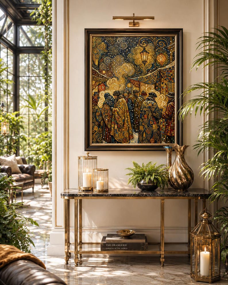 Op de afbeelding: Een ingelijst schilderij toont een nachtmarktsc&egrave;ne met figuren in patronen gewaden. Een gouden console met kaarsen in glazen lantaarns, een varen en een decoratieve vaas. De kamer heeft een luxe, klassieke stijl. De tafel is 120 cm lang.