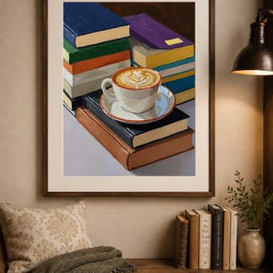 Coffee and Books Wall Art | Cozy Reading Nook Print | Book Lover Oil Painting image 2